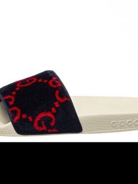 Authentic Gucci Navy/Red Velour GG Slides  (38)